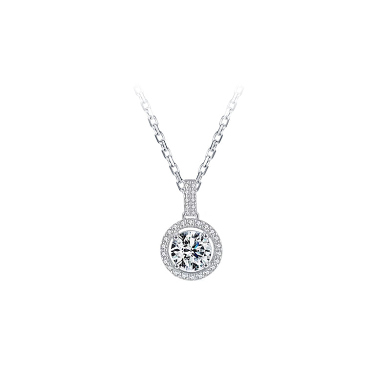 Halo Round Diamond Necklace - 18K White Gold - 1.3 ct